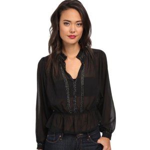 Free People Black beaded long sleeve Sheer Blouse, Small Size